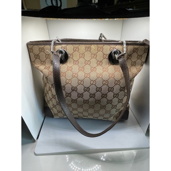 Authentic Gucci GG Leather & Canvas Eclipse Tote Bag Hand Purse - Picture 4 of 12